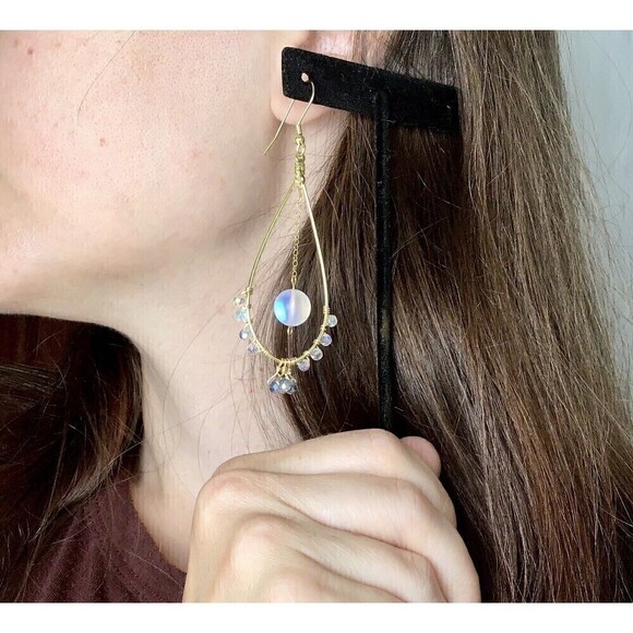 Handmade Wire Wrapped Dangle Earrings Sparkle Iridescent Mermaid Boho - Picture 7 of 7